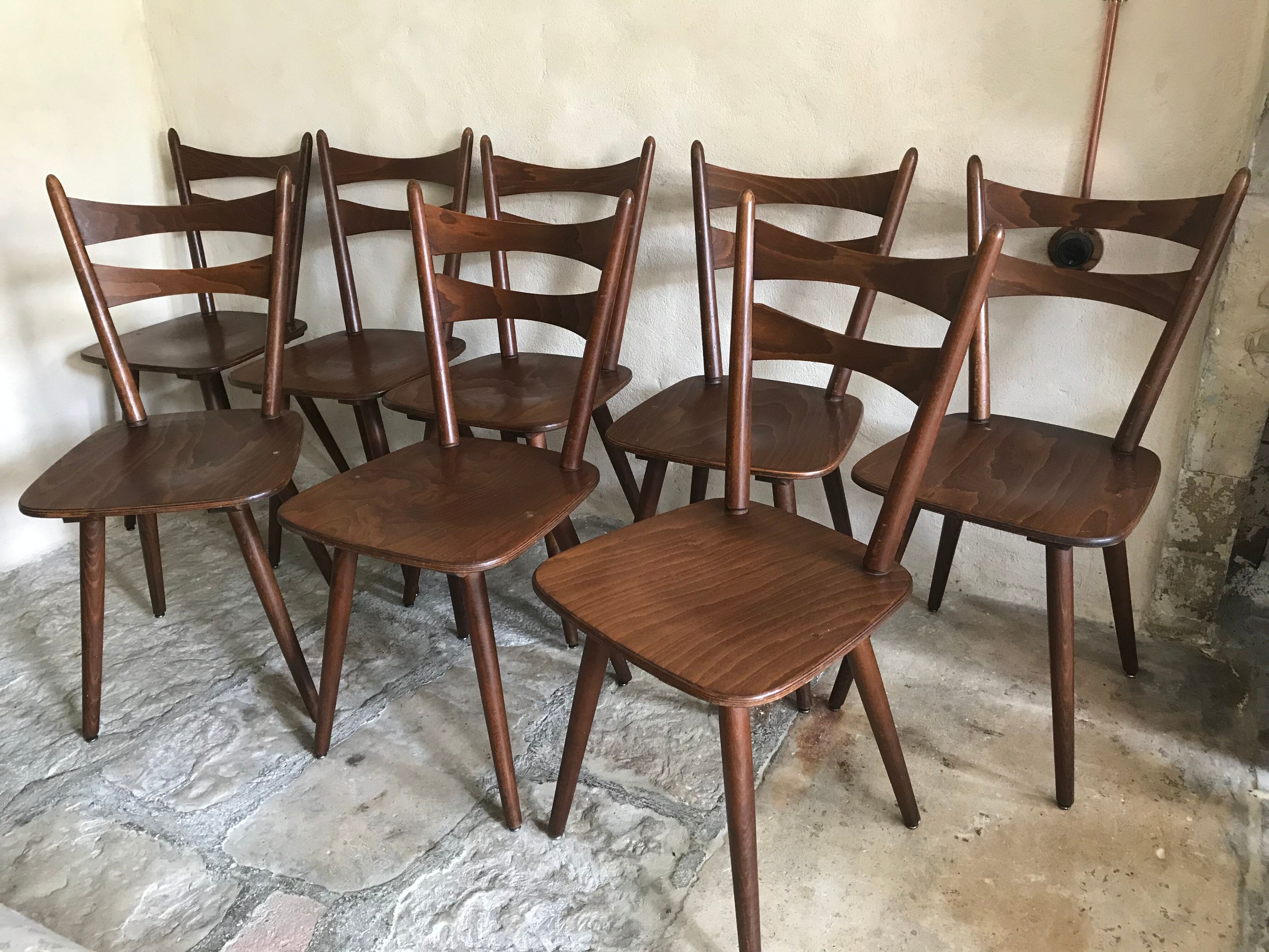 Set of 8 vintage chairs 1960 in beech compass feet