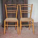 Pair of wooden chairs with vintage rope seats, vintage rope chairs