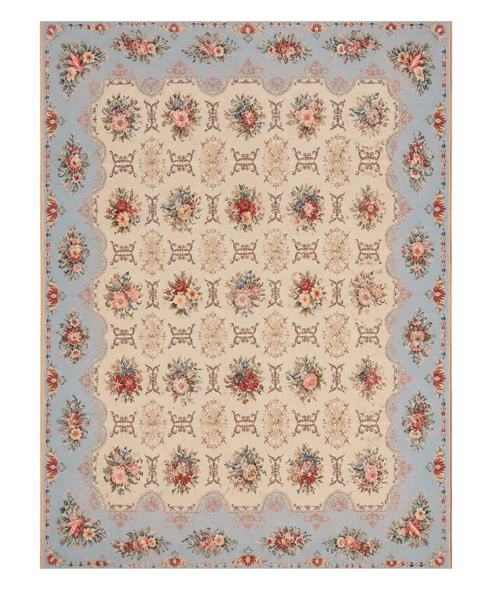 Very Large Aubusson Style Needlepoint Rug 360x470 cm Blue Floral Flatweave Wool