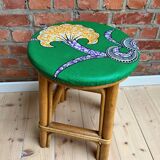 Tabouret vintage en rotin - tissu wax africain