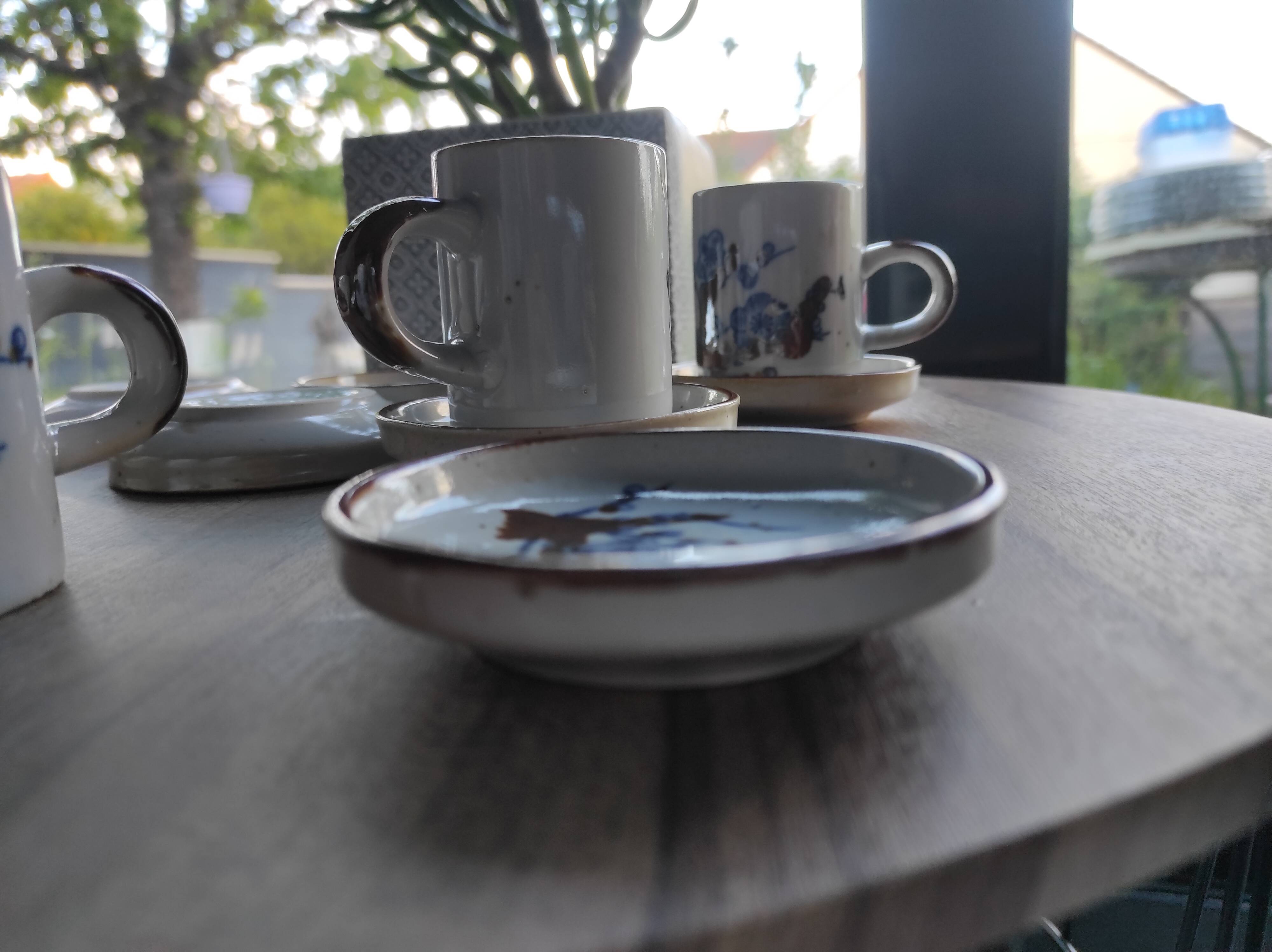 Set of 6 French stoneware coffee cups and 6 saucers