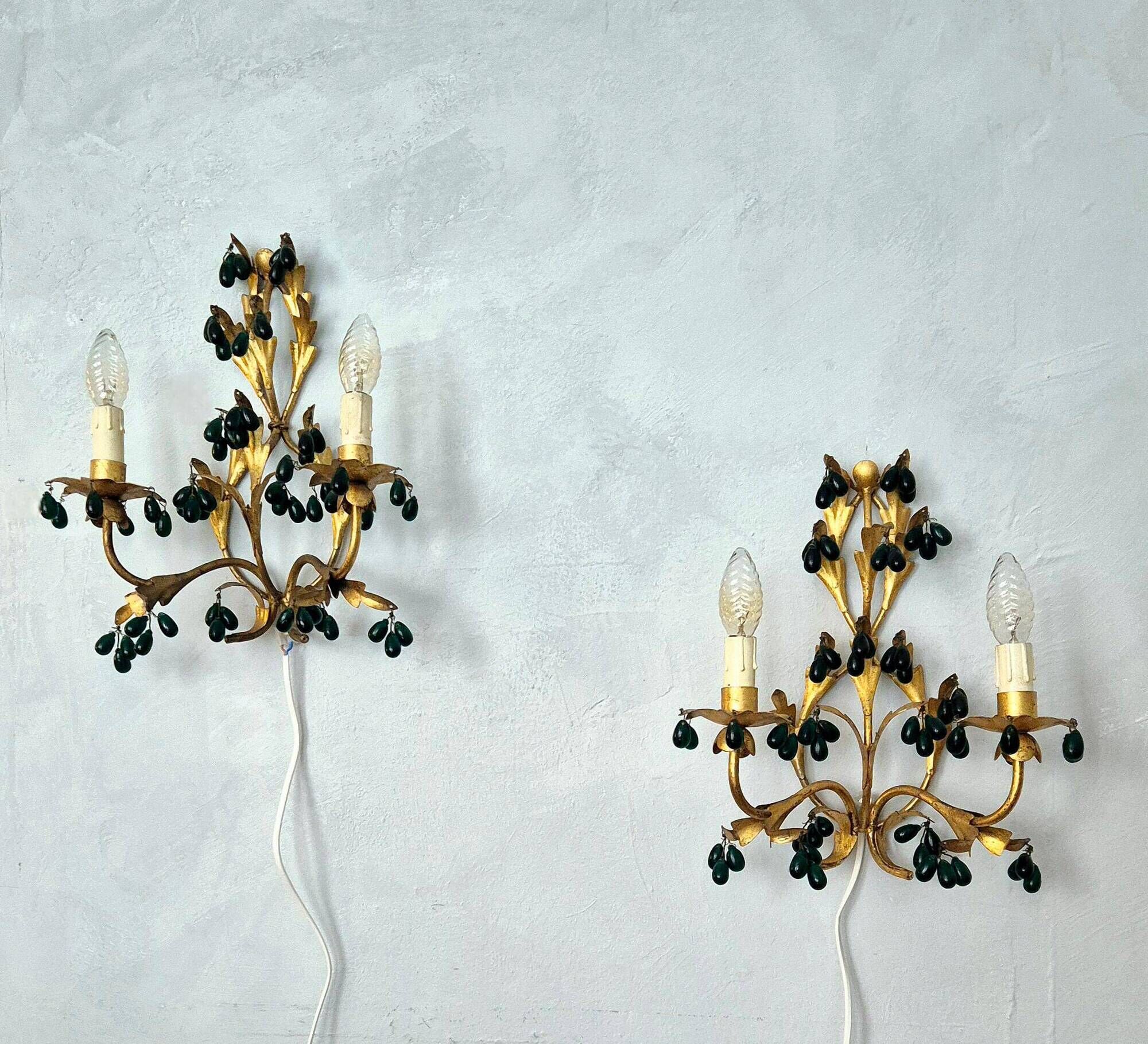 Lights, gold metal with green glass drops, Italy mid-1900s Regency.