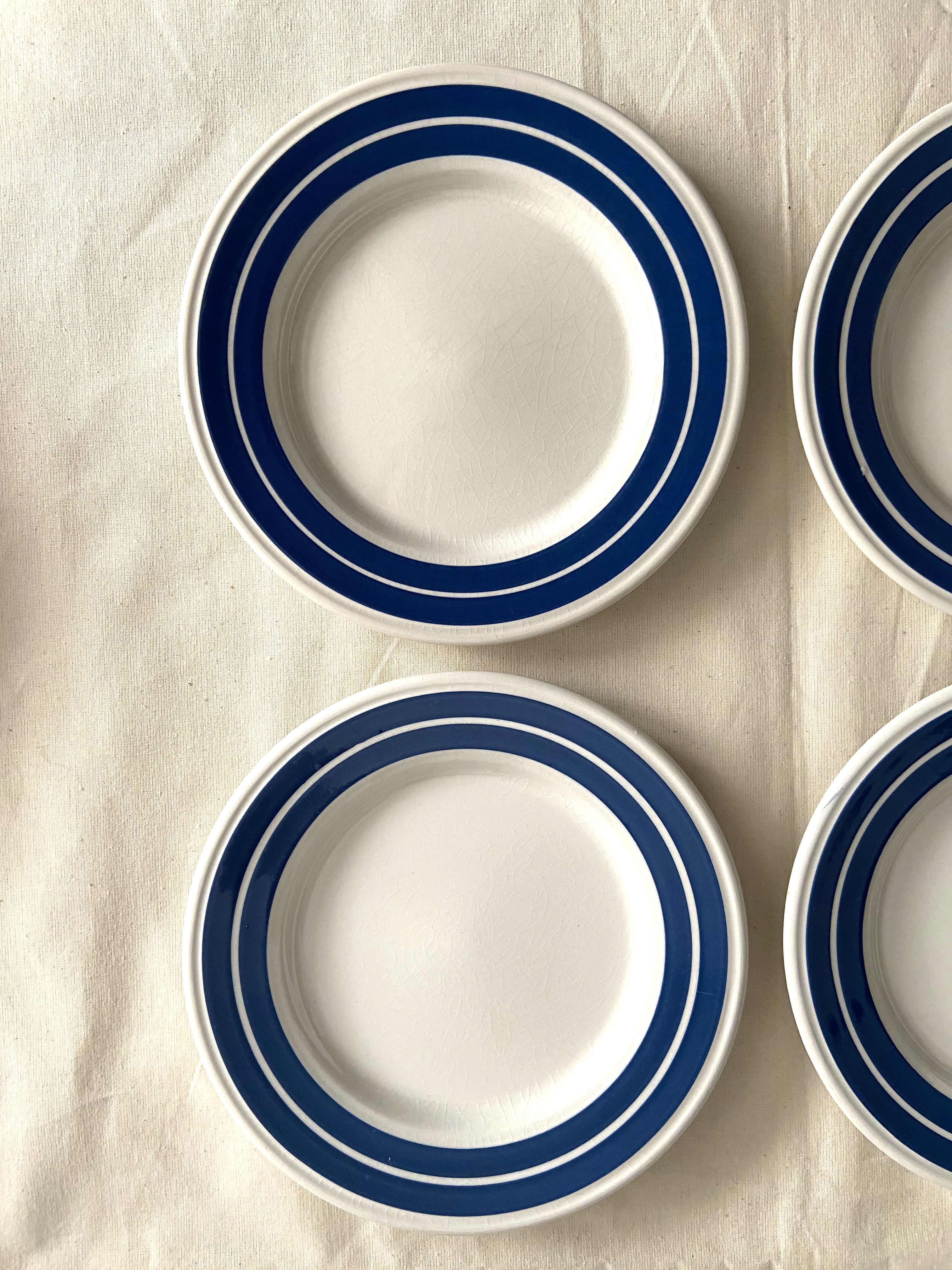 Set of 6 dessert plates in blue striped earthenware