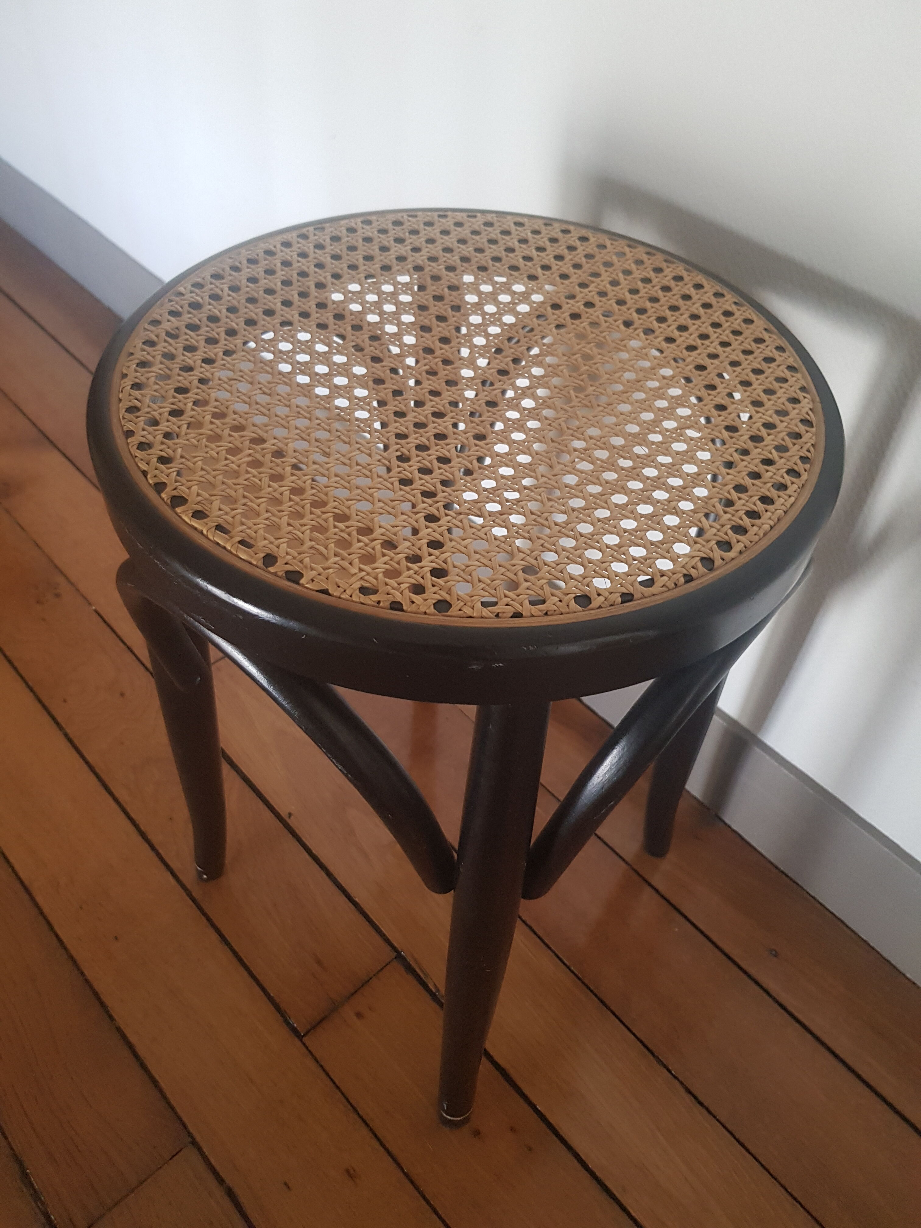Wooden and rattan tabouret