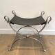 Curule stool in silver steel neoclassical style with swan heads