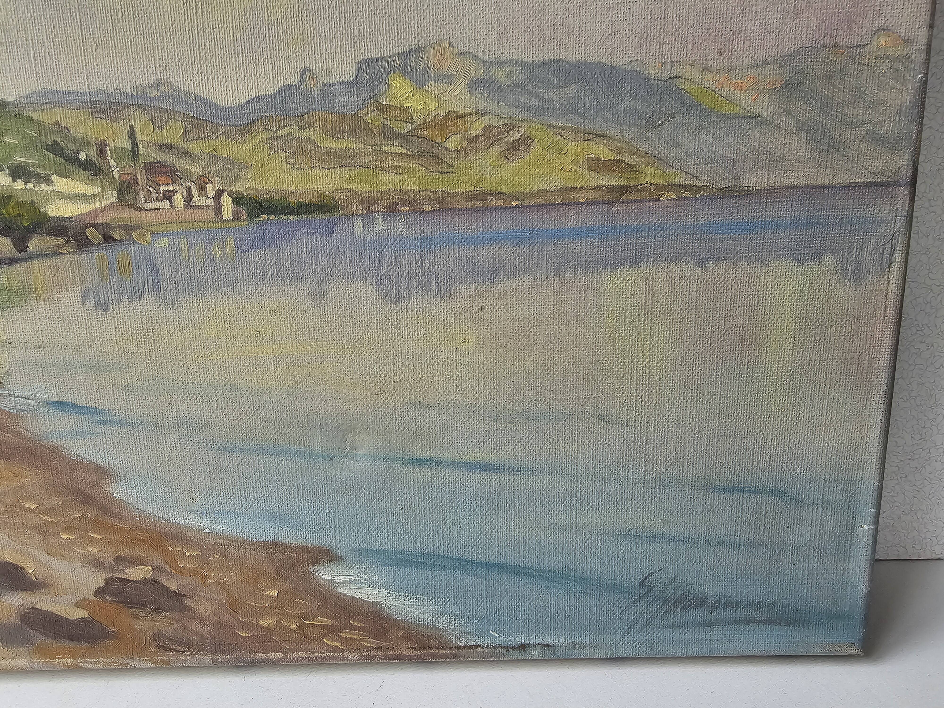 Old painting - Oil on canvas Lake Geneva Chateau de Glérolles (Switzerland)