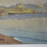 Old painting - Oil on canvas Lake Geneva Chateau de Glérolles (Switzerland)
