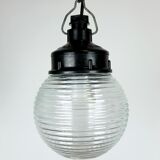 Industrial bakelite pendant light with ribbed glass, 1970s