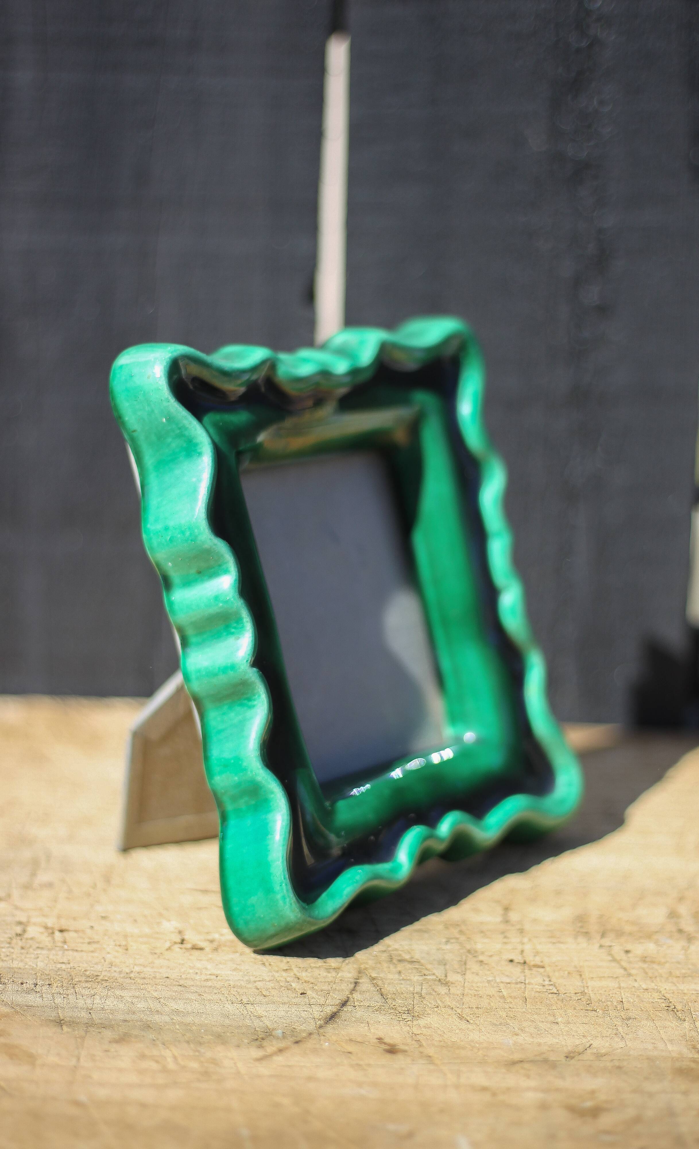 Green ceramic photo frame, vintage ceramic frame, photo frame, interior decoration