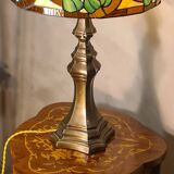 Large brass lamp, 1970, 6kg, restored electrical wiring, 67x47cm stained glass lampshade