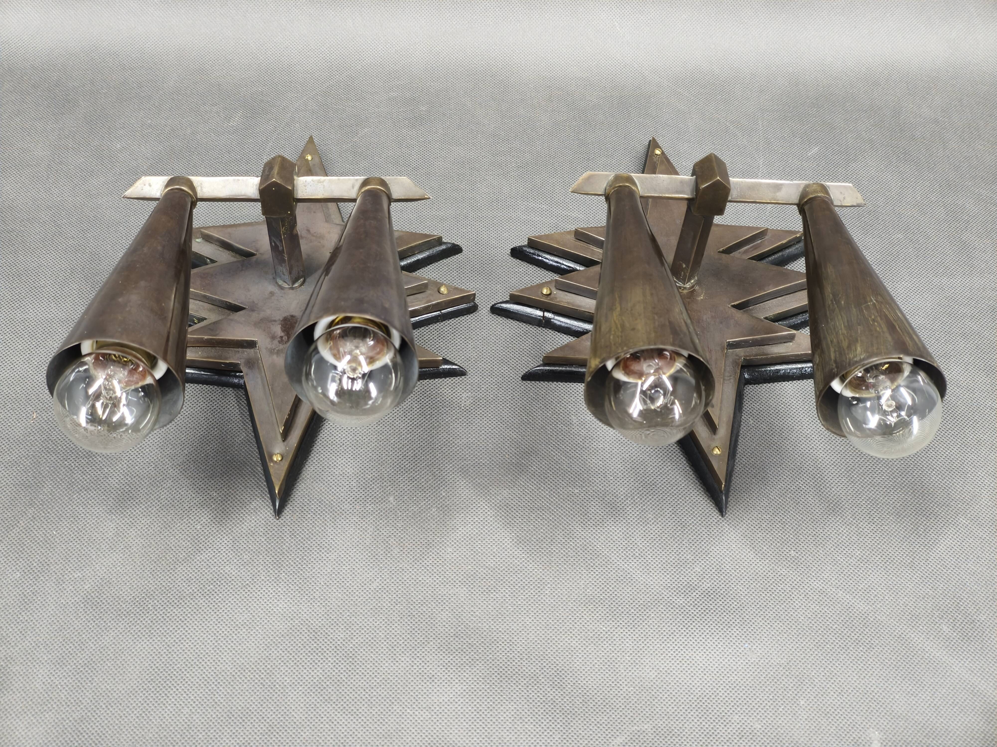 Pair of Czech Cubist Brass Wall Lights, Czechoslovakia, 1920s