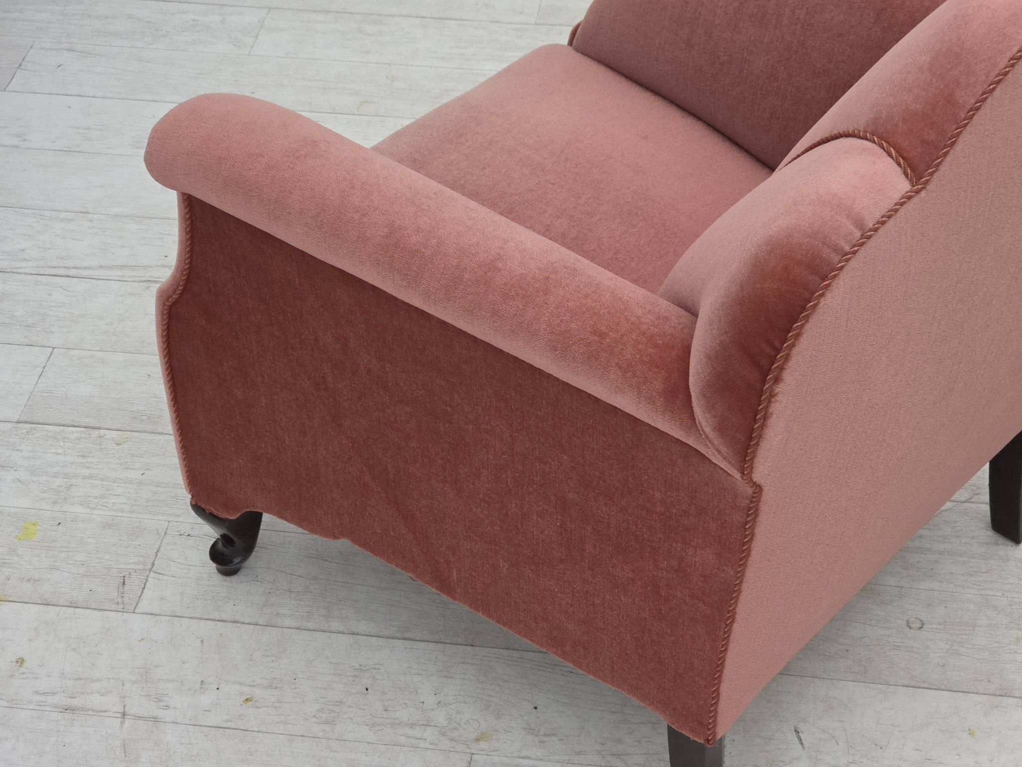 1950s, Danish armchair, salmon pink furniture velour, oak wood.