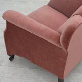 1950s, Danish armchair, salmon pink furniture velour, oak wood.