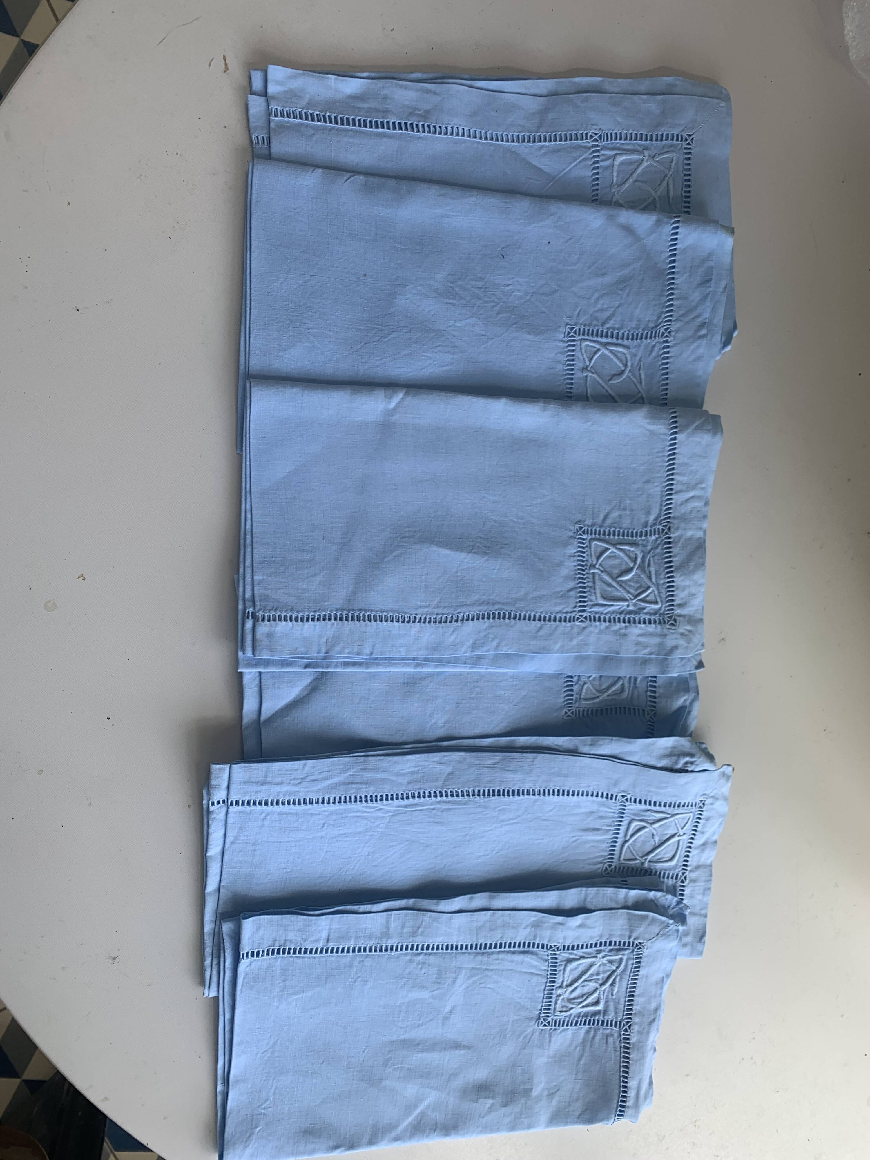 6 cotton and linen napkins, pastel blue, embroidered, OG monograms,