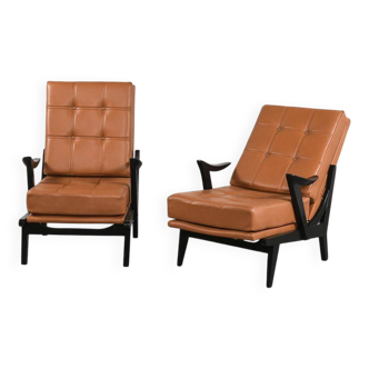 Fauteuils en bois et cuir, circa 1950