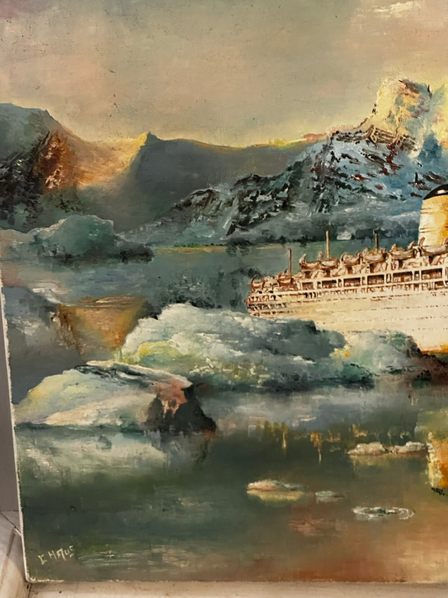 Oil on canvas Alain Chaussois (1950-2018) – Ocean liner Arcadia in the