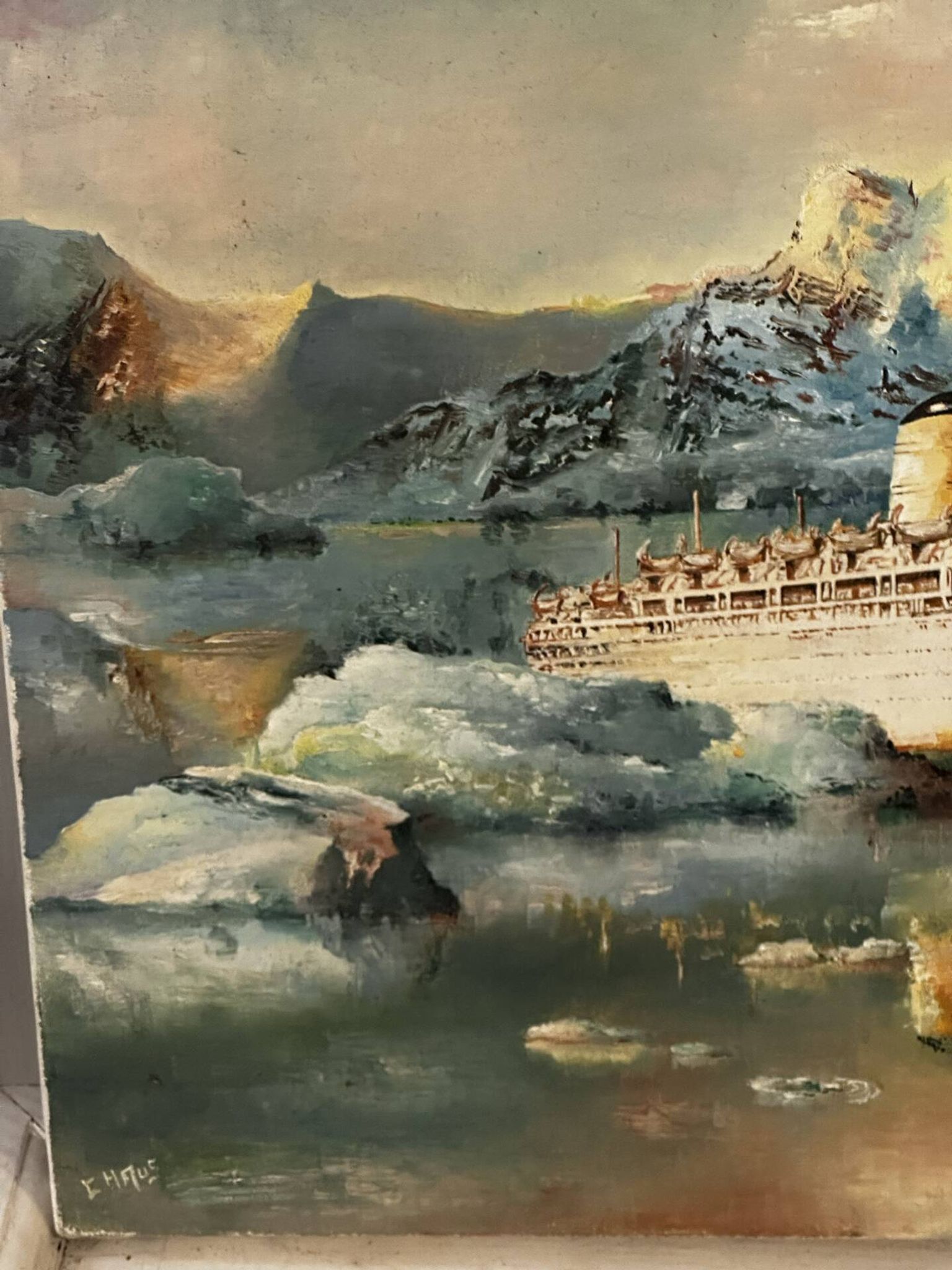 Oil on canvas Alain Chaussois (1950-2018) – Ocean liner Arcadia in the