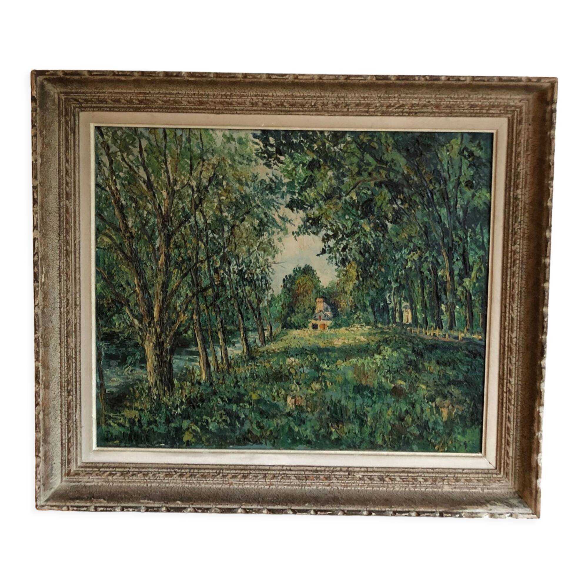 Oil on canvas House by the water