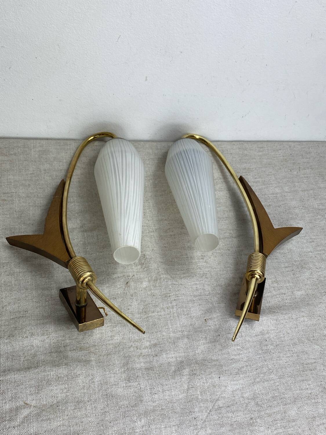Pair of wall lights in brass, wood and opaline glass, 1950s/60s