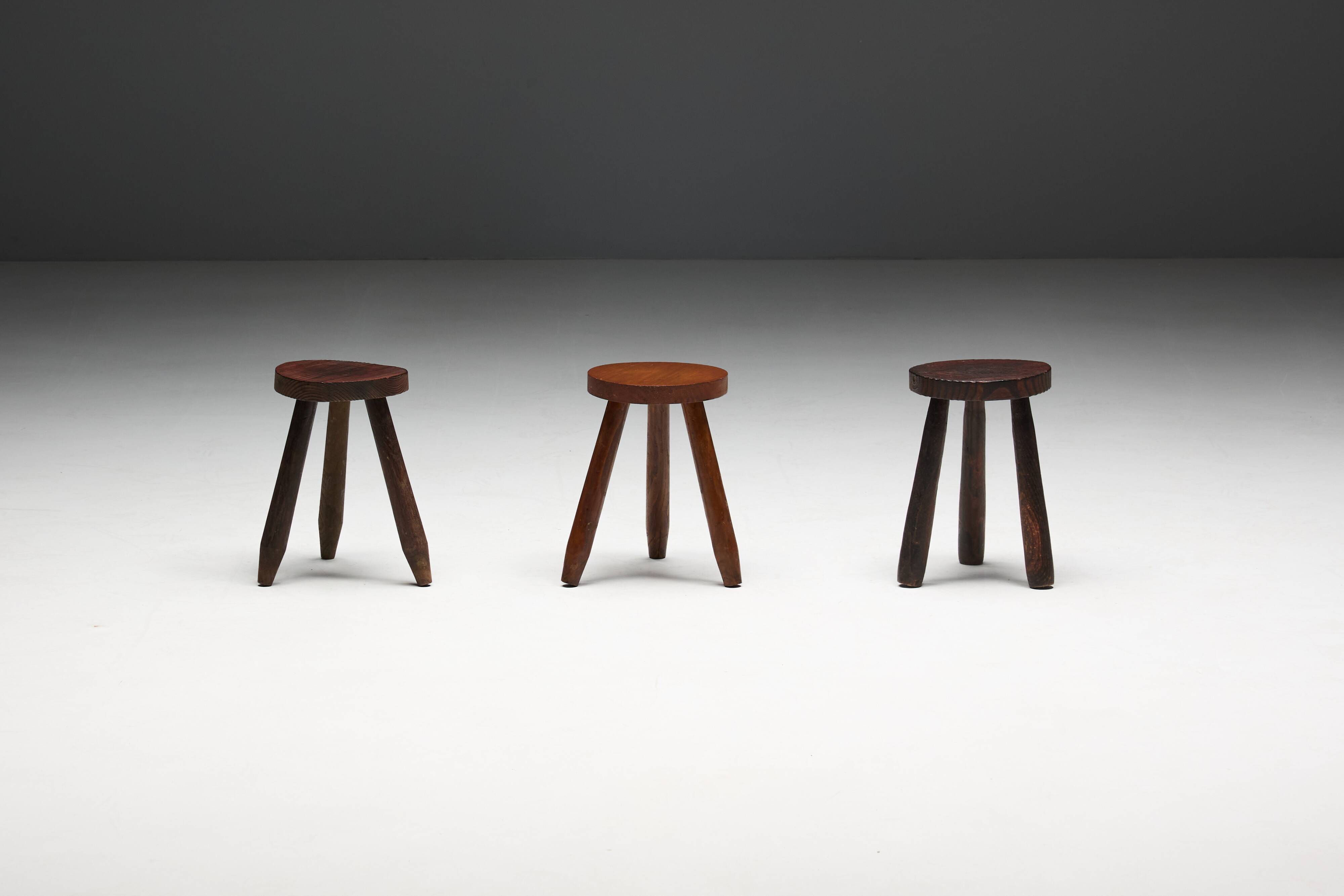 Brutalist Tripod Stools, France, 1960s