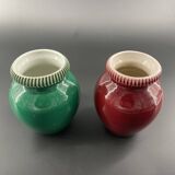 Pol CHAMBOST (1906-1983), Meeting of 2 small ovoid vases with hemmed edges in green/red earthenware