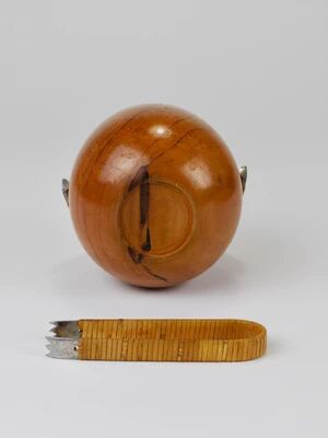 Carl Aubock sugar bowl & tongs, walnut, nickel, cane, no. 3536, 1940s