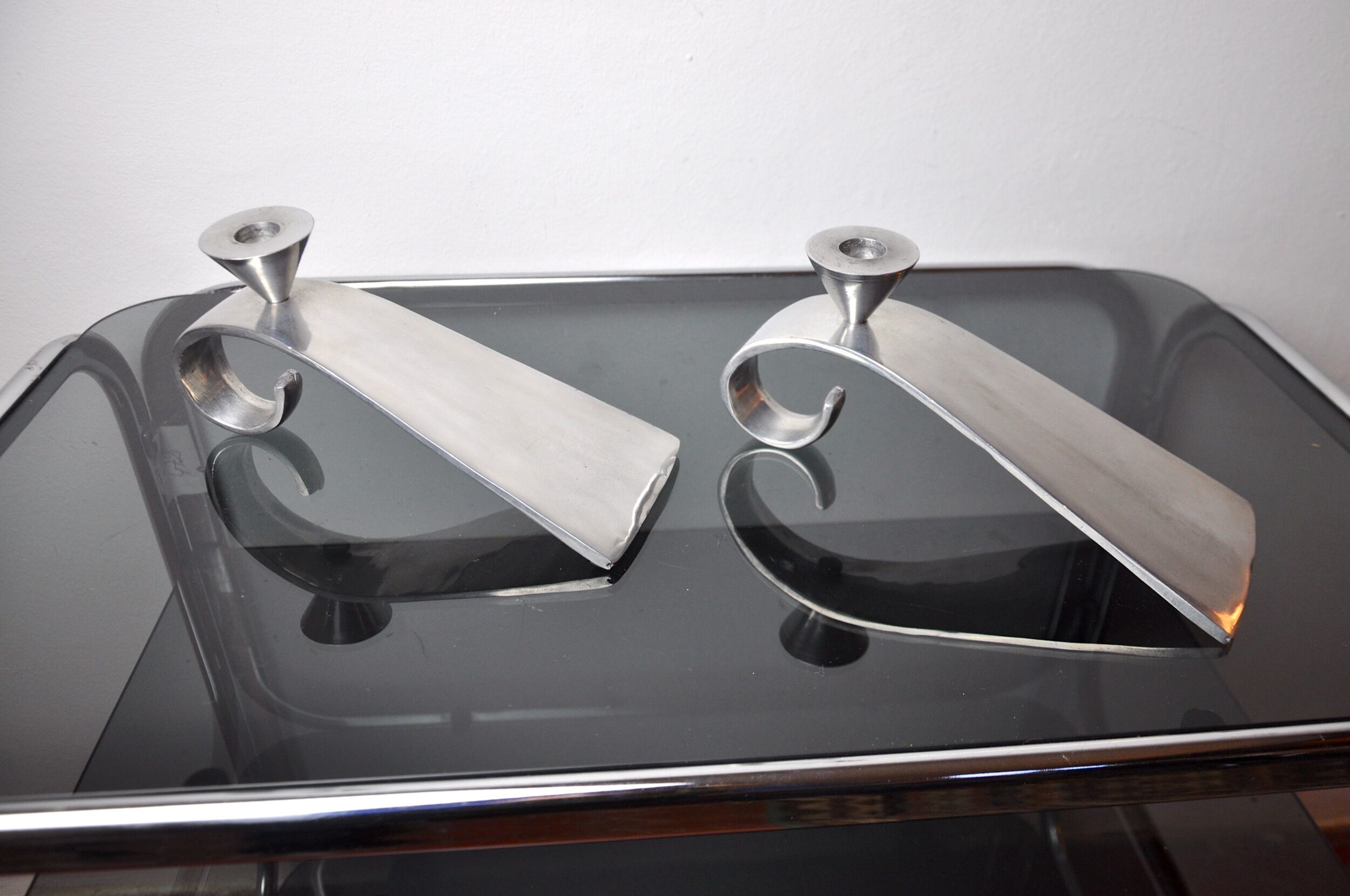 Pair of comma candlesticks by matthew hilton, England, 1980