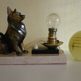 Table lamp, art deco, marble, opaline, bronze patinated metal decoration, switch