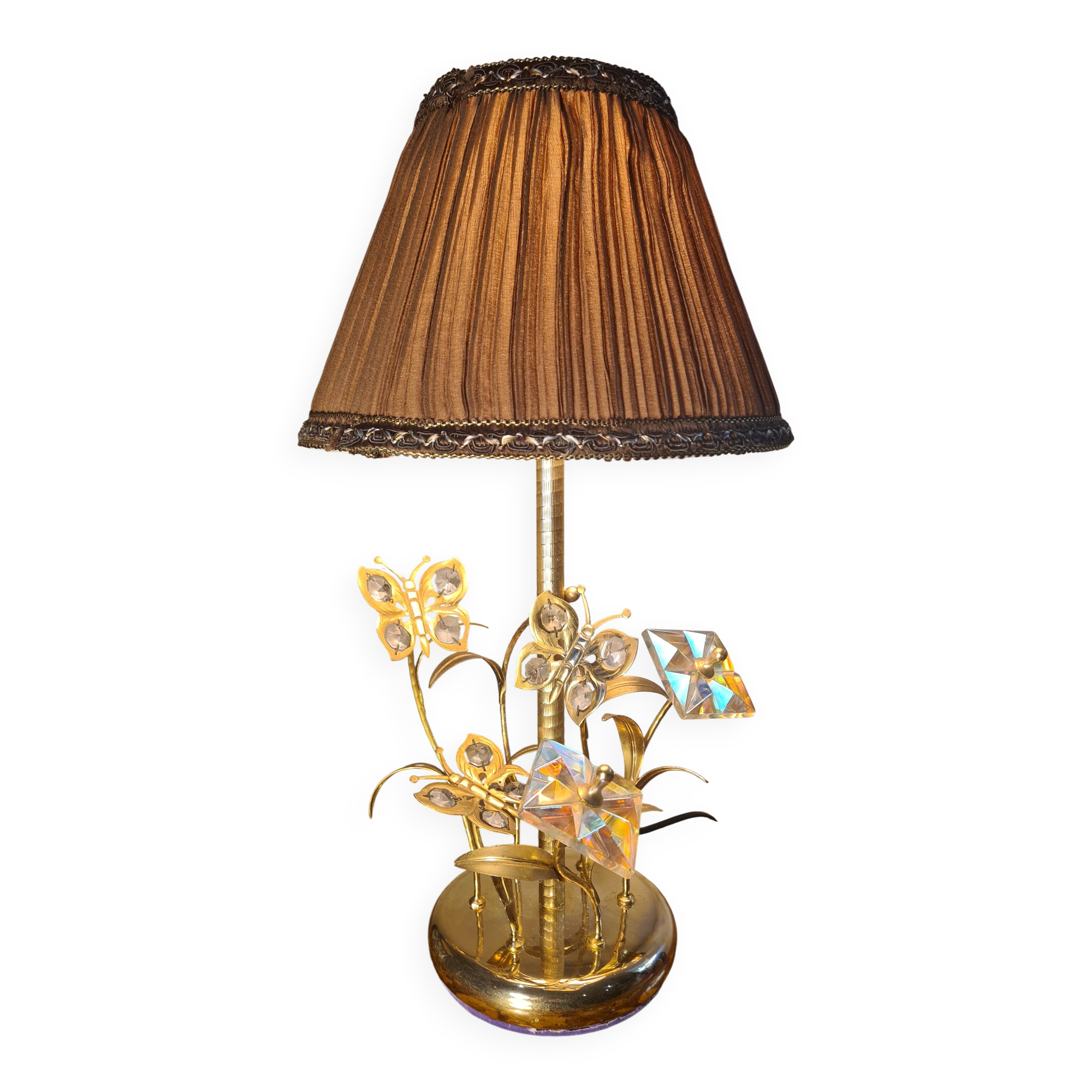 chrome or brass glass lamp, flower and butterfly 1975 to 80s pleated shade