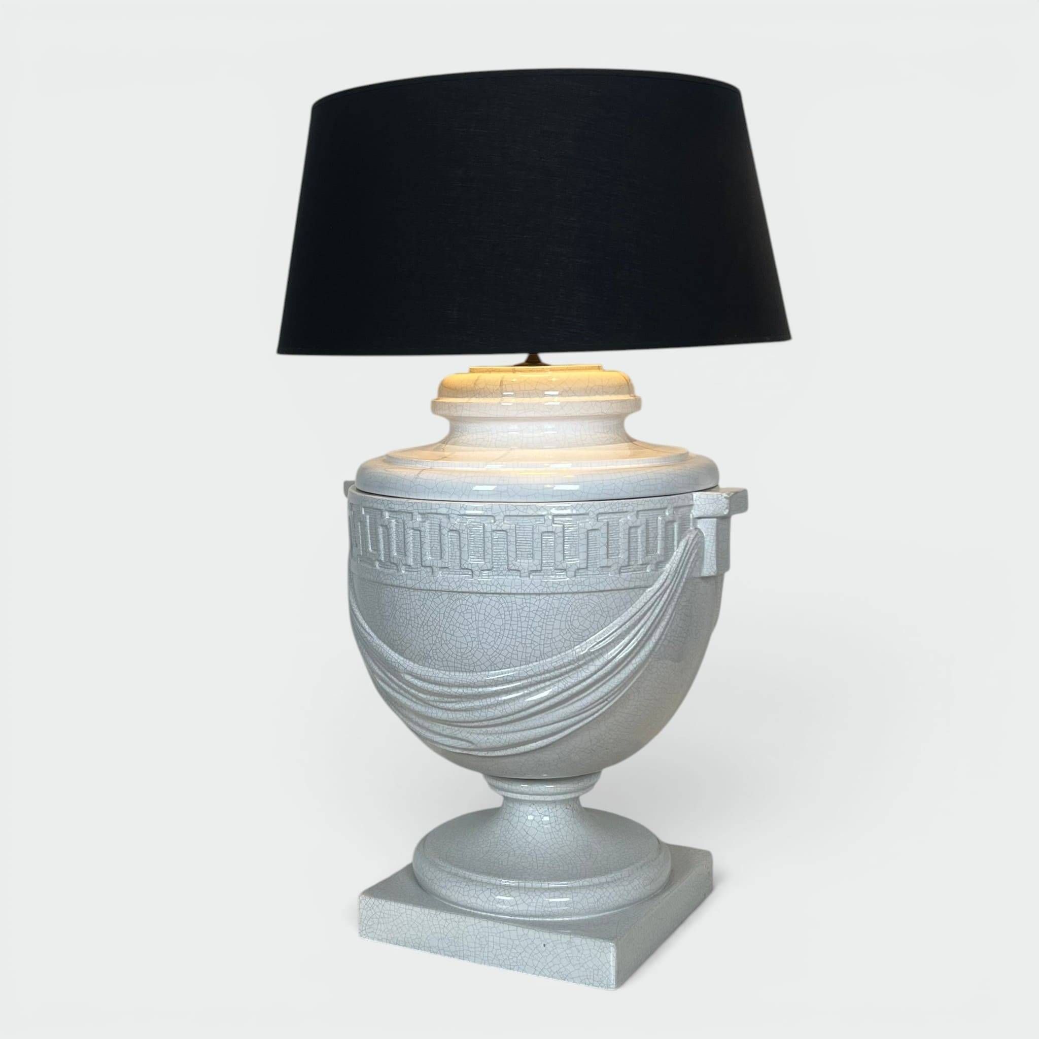 Large White Crackled Ceramic Urn Lamp with Drapery and Greek Frieze.