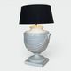 Large White Crackled Ceramic Urn Lamp with Drapery and Greek Frieze.