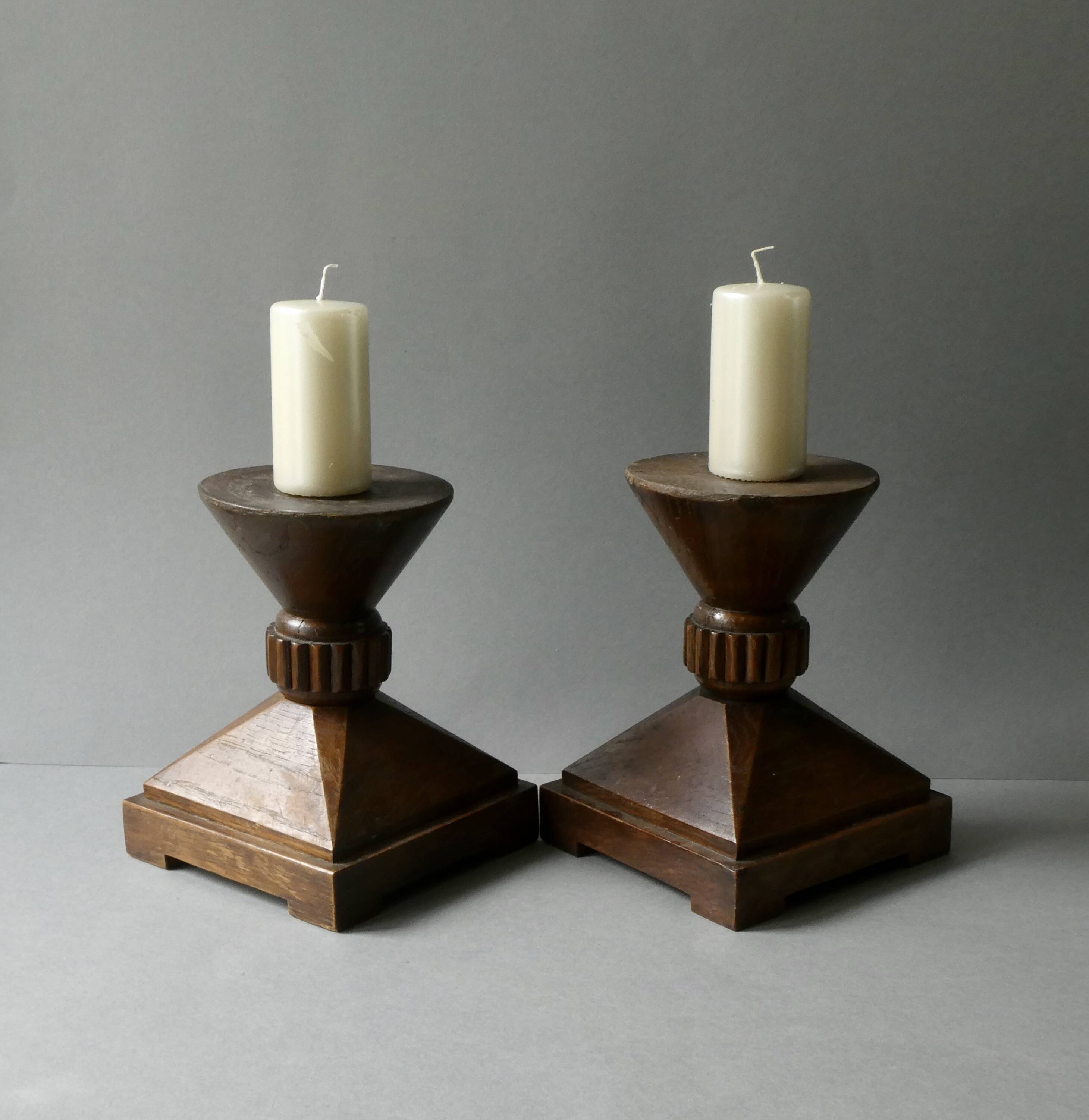 Pair of solid wood candlesticks, sculpted, brutalist