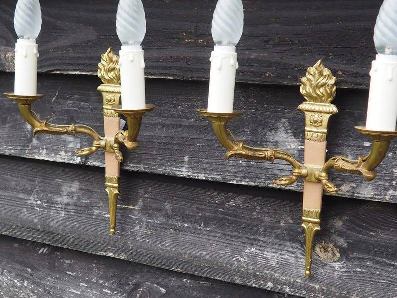 Vintage French Empire Sconces: Gilt Bronze, Salmon Column Double Arm Light