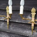 Vintage French Empire Sconces: Gilt Bronze, Salmon Column Double Arm Light