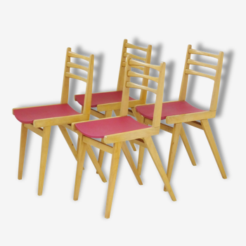 Set of 4 chairs Bistro zazu red vintage oak French mid-century modern chairs