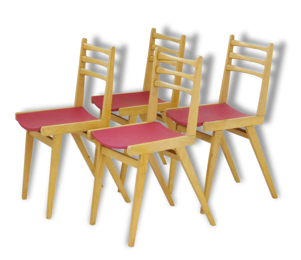 Suite de 4 chaises bistrot chêne zazou rouge vintage French mid-century modern chairs