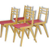 Suite de 4 chaises bistrot chêne zazou rouge vintage French mid-century modern chairs
