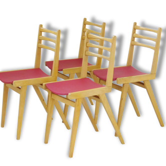 Suite de 4 chaises bistrot chêne zazou rouge vintage French mid-century modern chairs