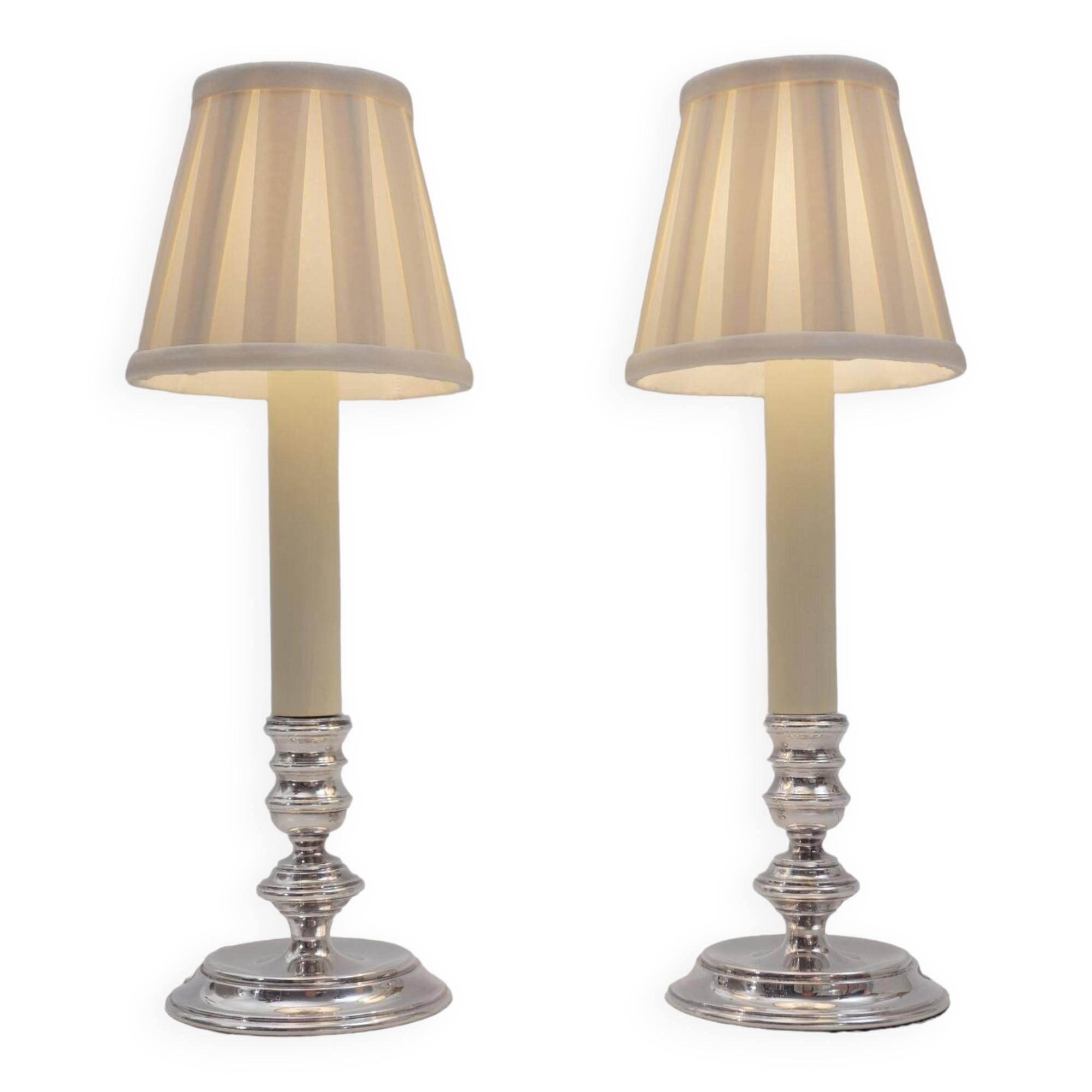 Mappin & Webb vintage pair candlestick table lamps, silver plate, signed, 1980`s ca, English