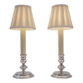Mappin & Webb vintage pair candlestick table lamps, silver plate, signed, 1980`s ca, English