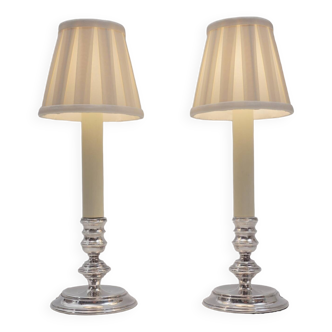 Mappin & Webb vintage pair candlestick table lamps, silver plate, signed, 1980`s ca, English