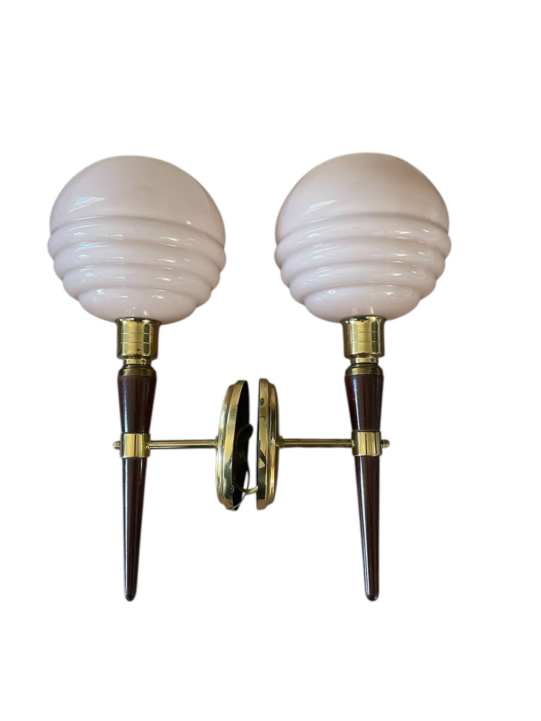 Pair of wall lights in wood, brass, and pink opaline.