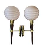 Pair of wall lights in wood, brass, and pink opaline.