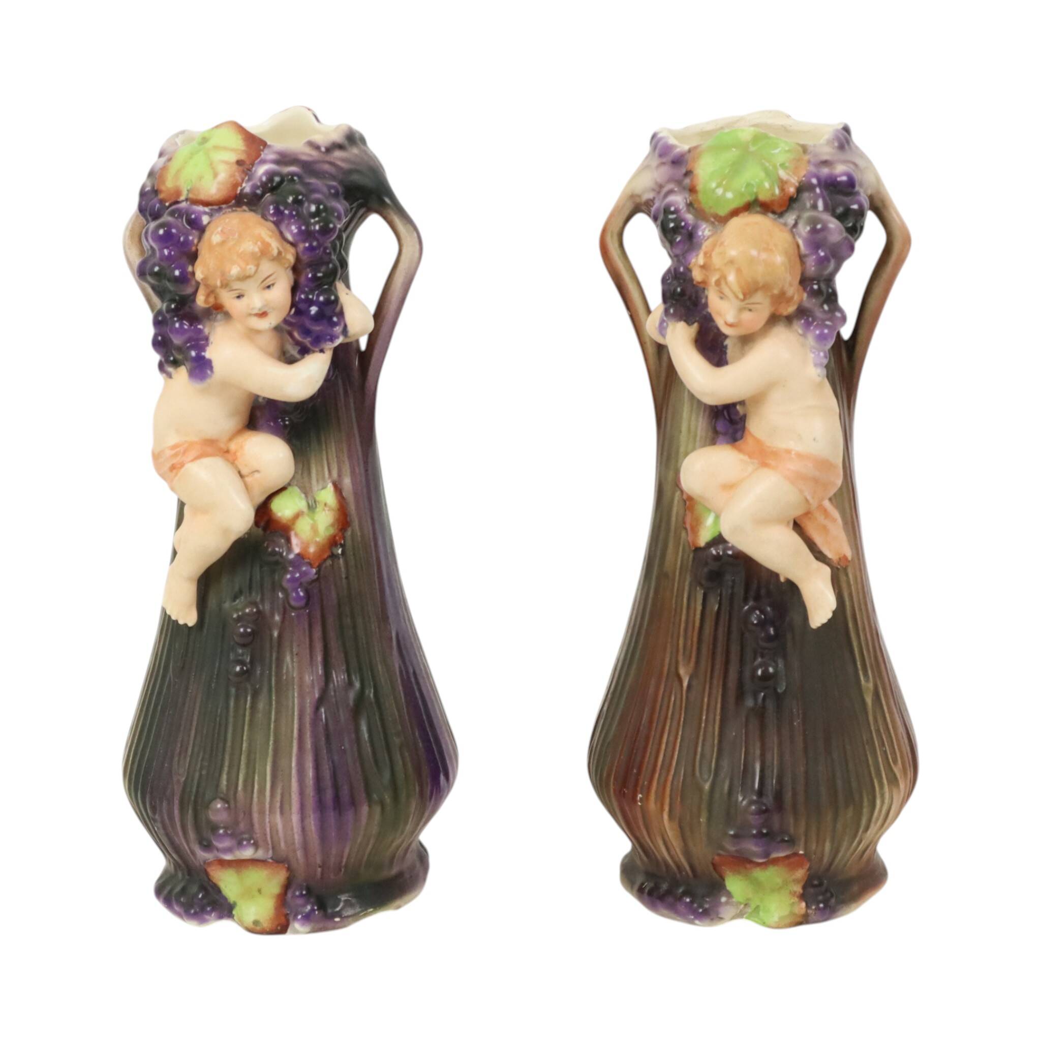 Art Nouveau Vases Putti Cherub Amphora Style Pottery