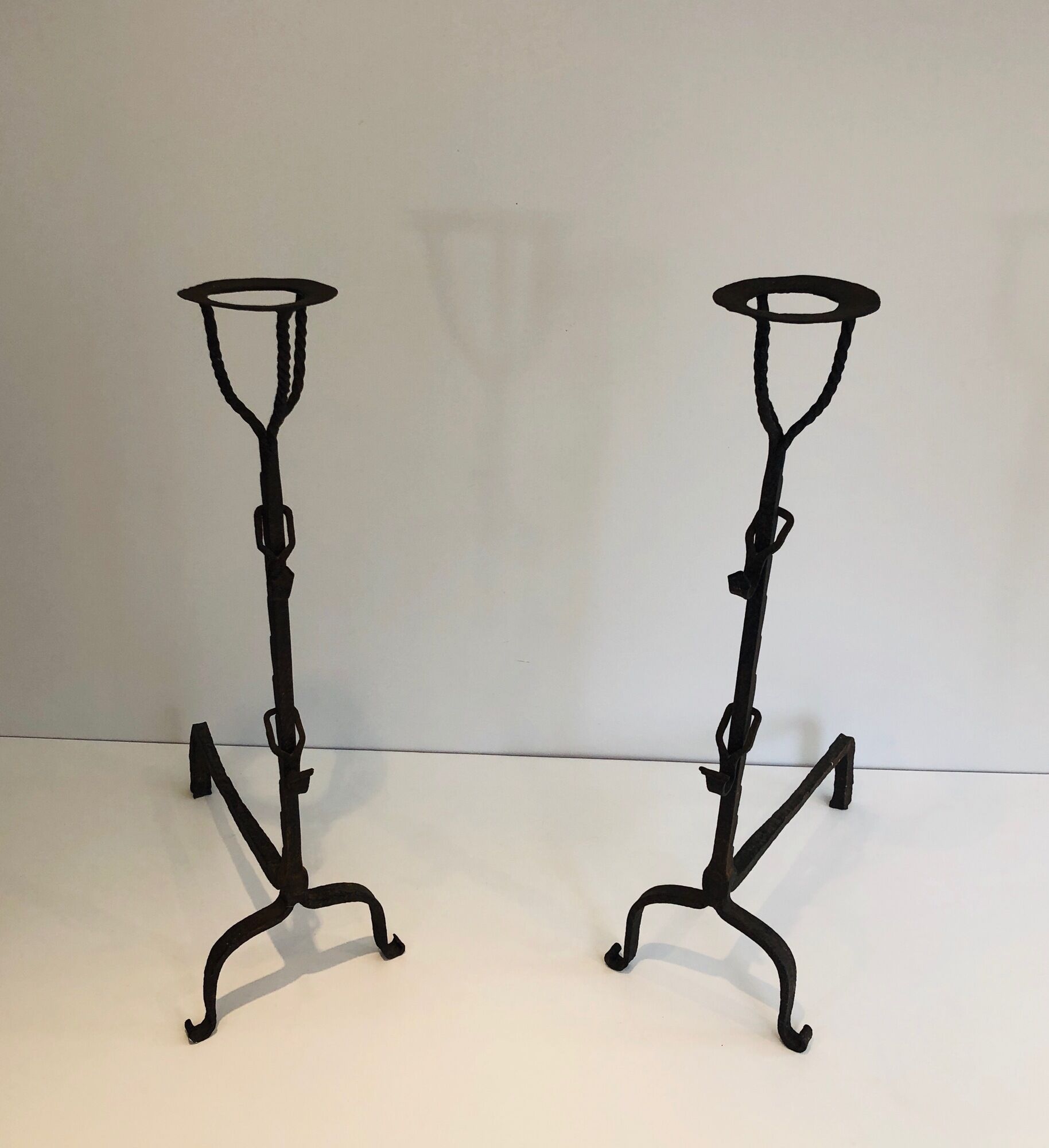 Pair of wrought iron landiers. french work ,seventeenth century