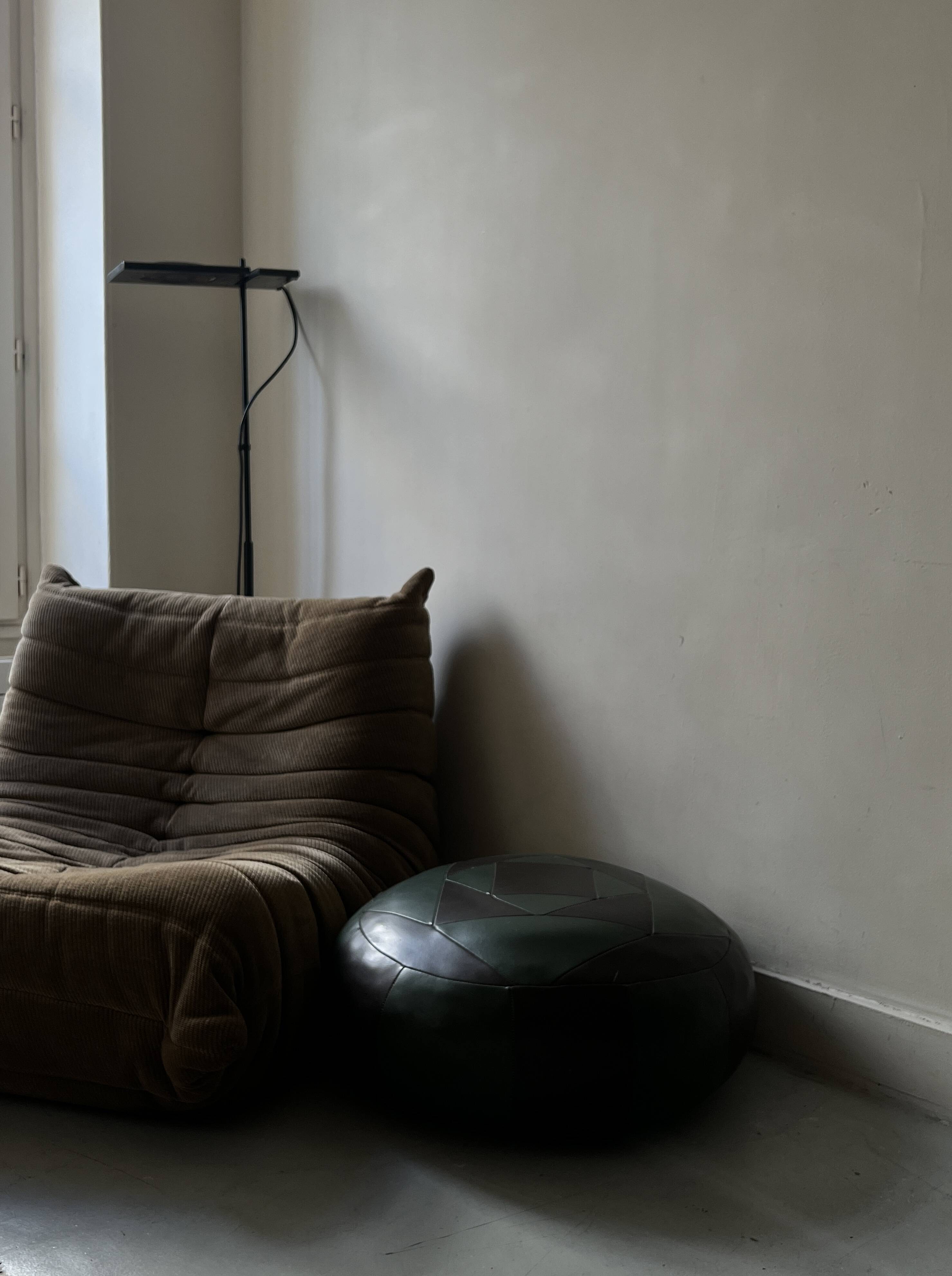 round pouf in genuine green and brown patchwork leather, 1970