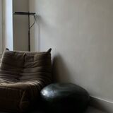 pouf rond en cuir véritable patchwork vert et marron, 1970