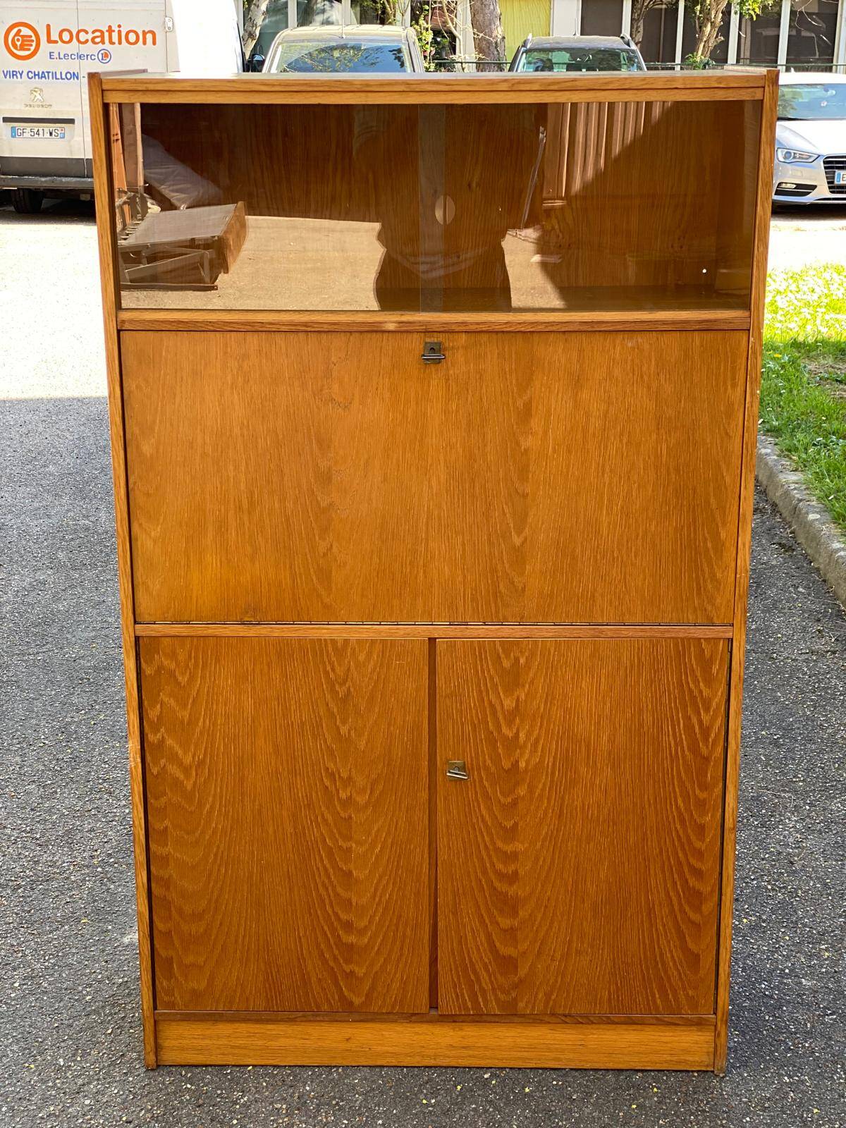Vintage Scandinavian glass secretary with 3 doors