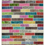 Handmade anatolian overdyed 176 cm x 227 cm multicolor patchwork carpet