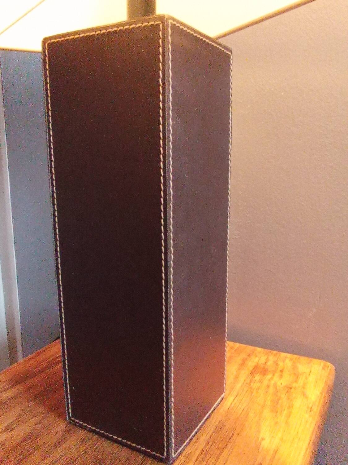 Tall cubic brown leather lamp, light gray fabric lampshade